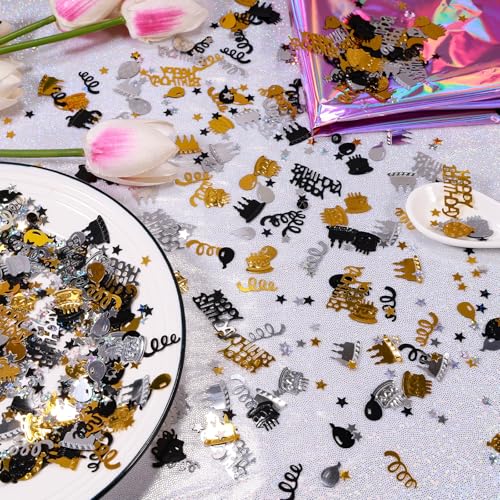 Image of Gold and Black Happy Birthday Confetti, 3000 Pcs Birthday Cake Table Metallic Foil Confetti Party Table Decor for Party, Baby Shower, DIY Arts and Crafting