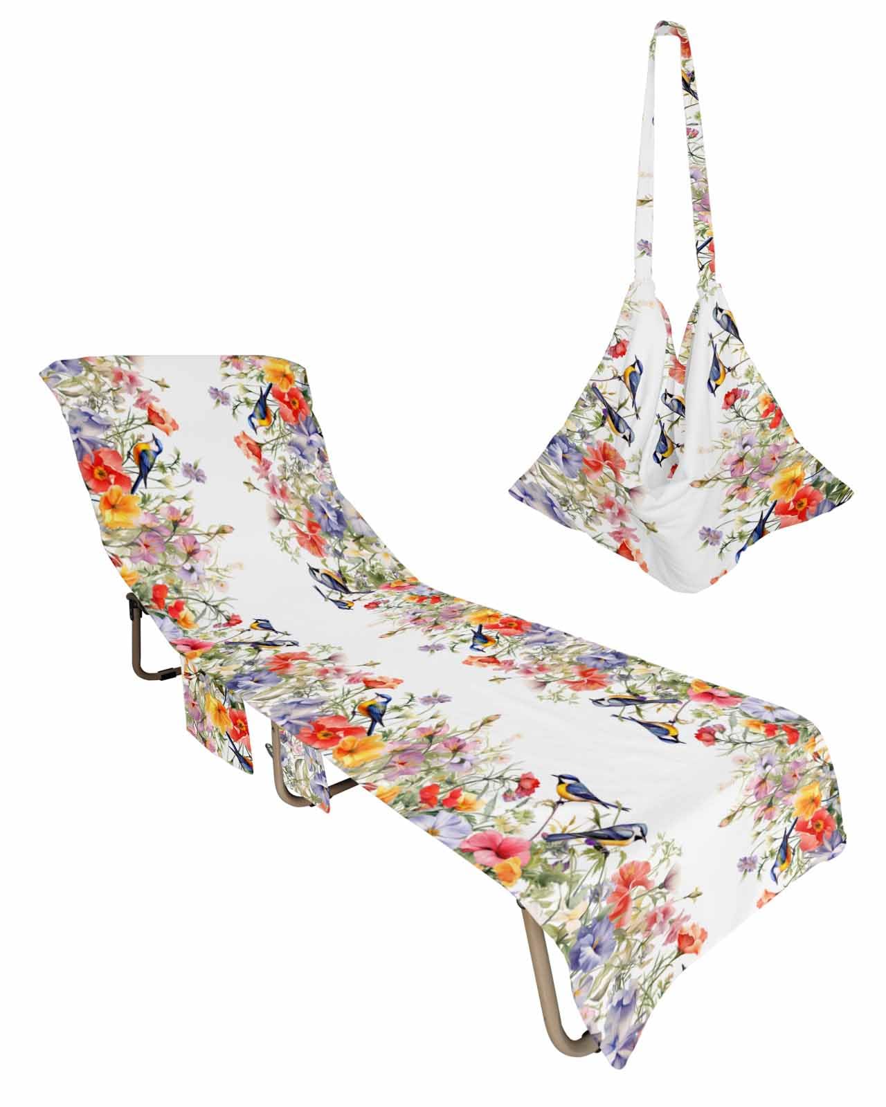 Vintage Flowers Beach Lounge Chair Towel Cover, Soft Chaise Lounge Towel with Side Pockets Patio Pool Chairs Cover for Beach/Pool Sunbathing 29x85 Spring Floral Botanical Pastoral