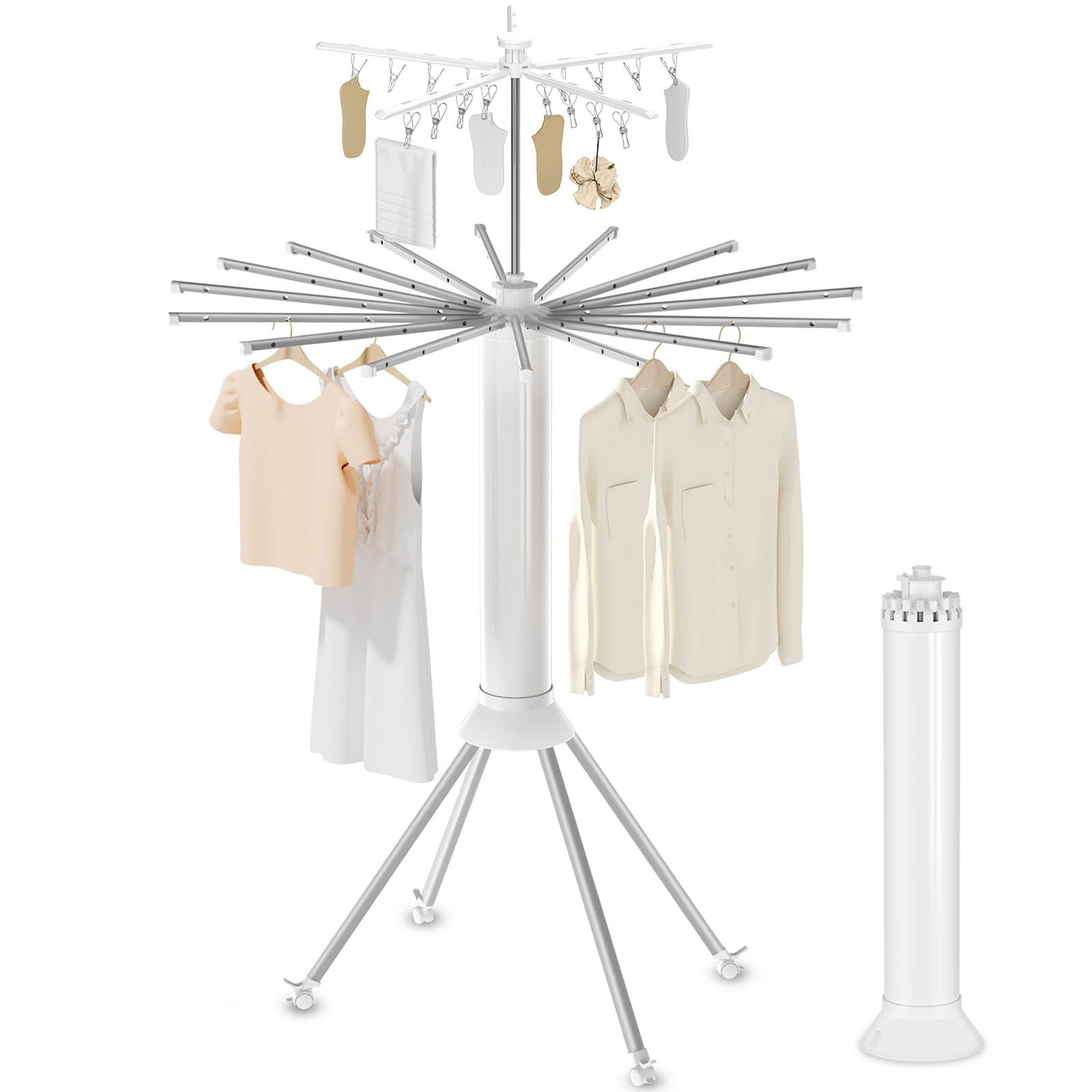 4-Legged Clothes Drying Rack Foldable, Double Dryer Rack with 20 Clips, Outdoor Laundry Drying Rack with 4 Pulleys, Collapsible Drying Rack Clothing, Aluminum Hanging Dry Rack for Clothes,Socks,Towel