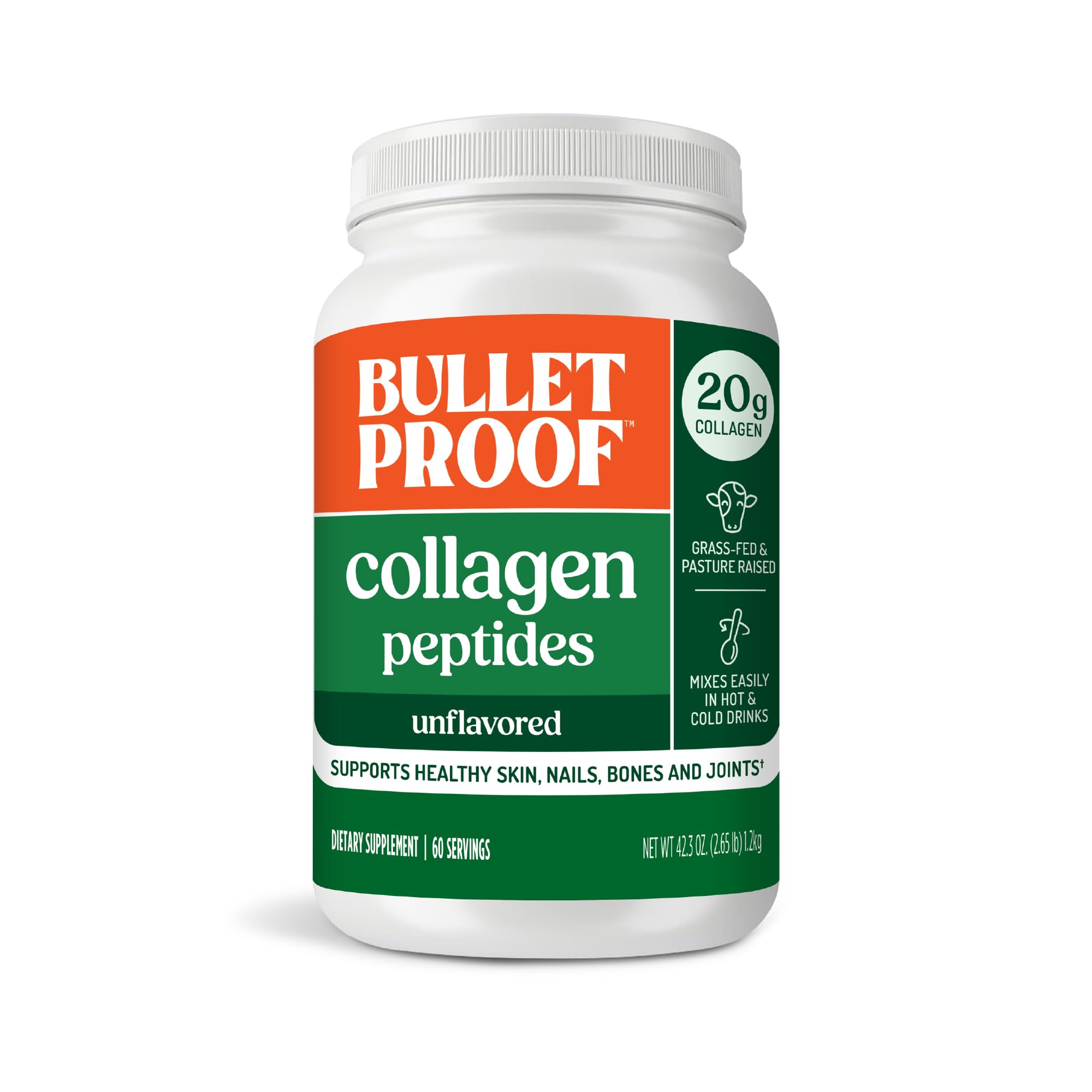 Bulletproof Unflavored Collagen Peptides Powder, 42.3 Ounces, Grass-Fed Collagen Protein and Amino Acids for Skin, Bones and Joints