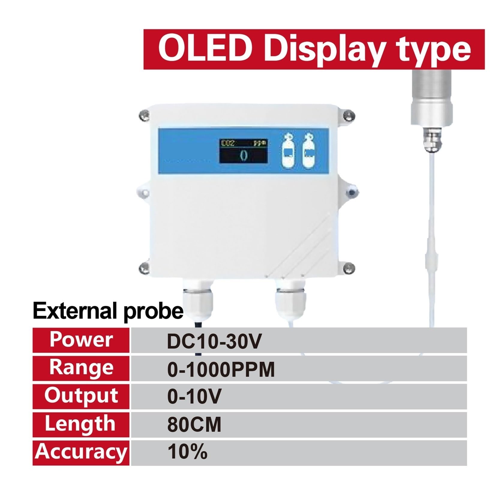 Gasdetektor, Wandmontierter Kohlenmonoxidsensor CO-Gasdetektor-Sender RS485 4-20mA-Ausgang Industrieller CO-Monitor für Arbeit und Zuhause(EPLED0-10V1000PPM)