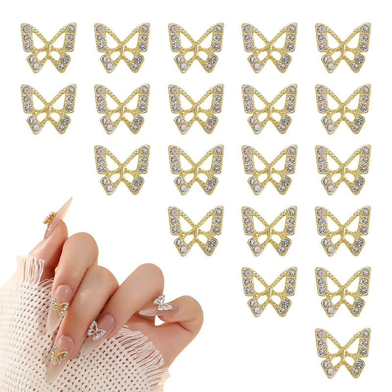 20Pcs 3D Butterfly Nail Charms, Gold Metal Alloy Nail Art Decorations for DIY Nail Art Jewelry Making and Craft Projects