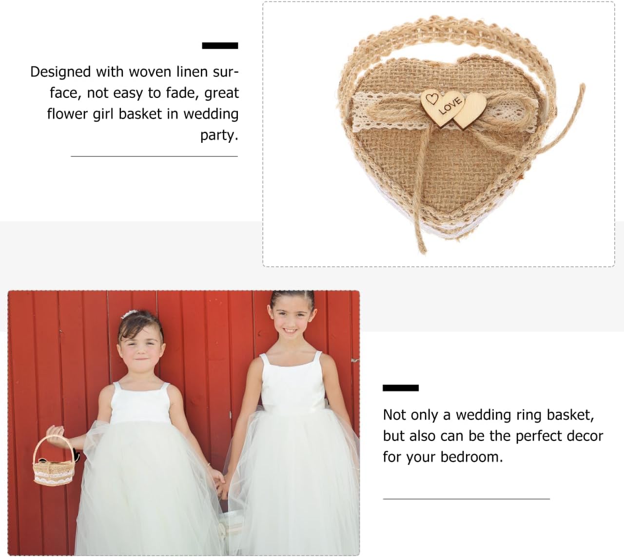 Amosfun Heart-Shaped Wedding Ring Basket 4.05x3.66x3.07 in Linen-Plastic Ring Holder for Rustic Ceremony Decor, for Flower Girls, Brides & Grooms