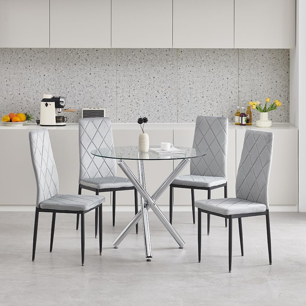 Pantanal 90cm Round Glass Dining Table and Grey Velvet Chairs Set of 4, Modern 5 Pieces Compact Kitchen Table with 4 Elegant Argyle Grid Chairs for Dinette Restaurant Small Space