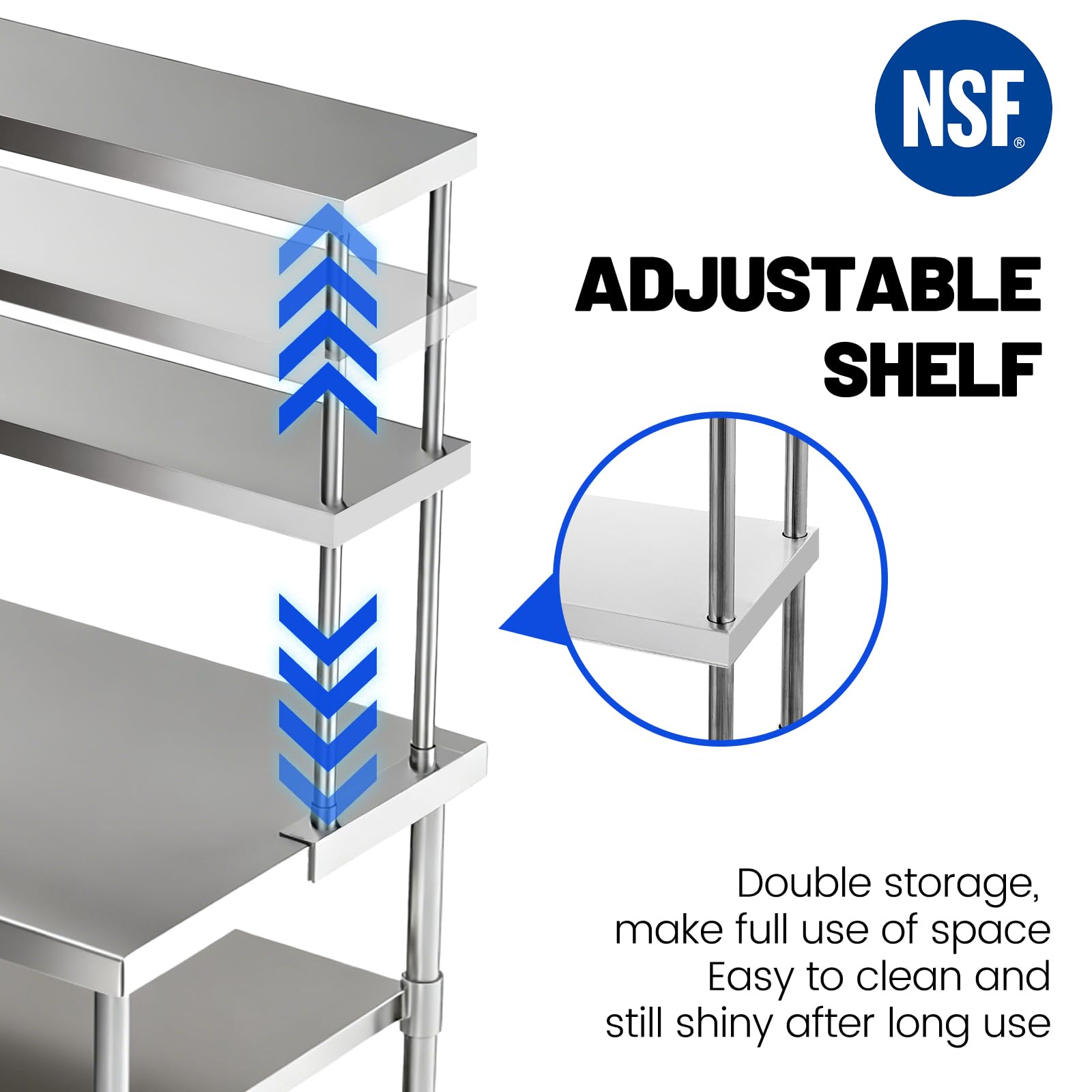 Hally - Estante doble de acero inoxidable de 12 x 60 pulgadas, capacidad de peso de 400 libras, estantes comerciales NSF de 2 niveles para mesa de preparación y trabajo en restaurante, hogar y cocina