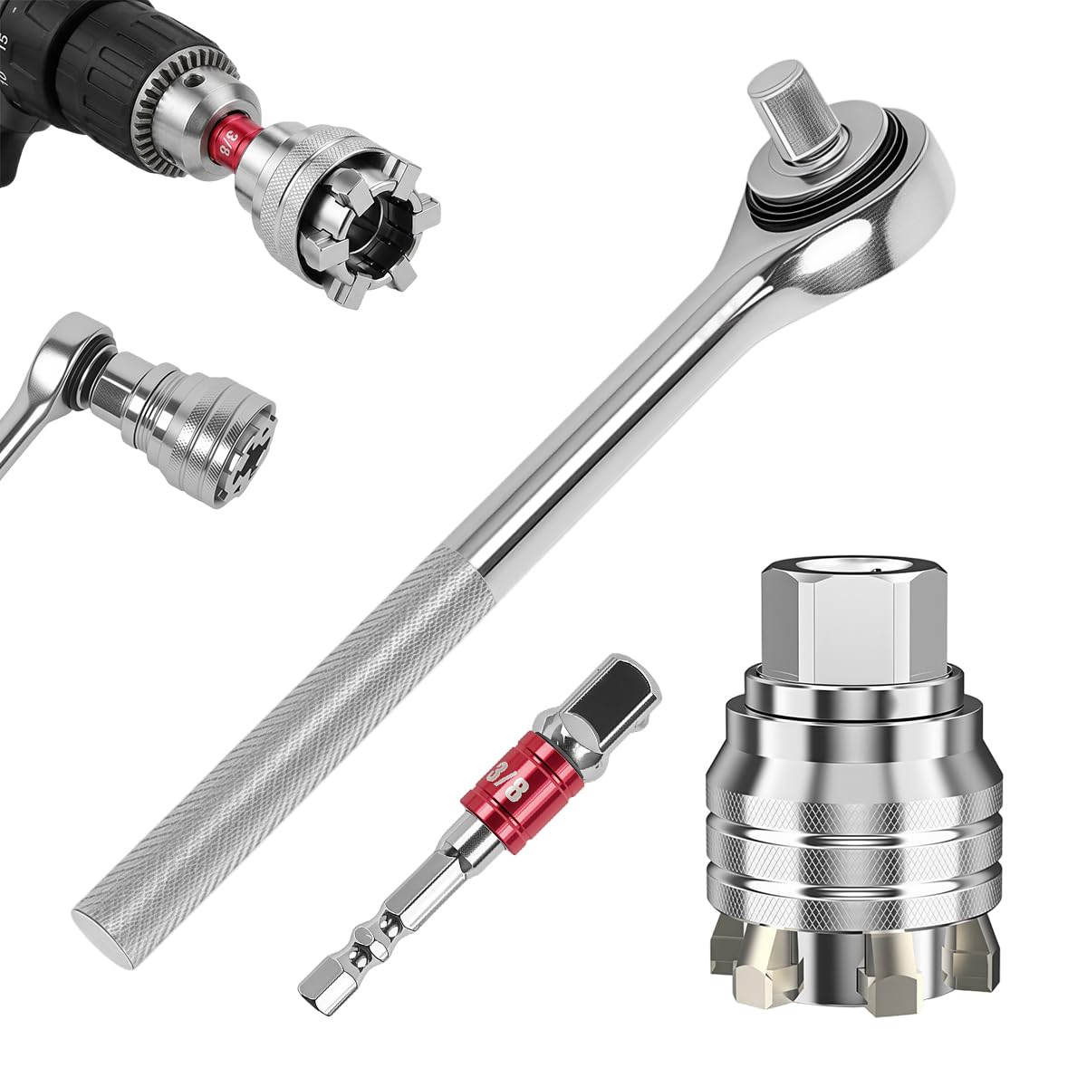 Serplex® 3PCS Drill Socket Adapter Set, 3/8" Hex Shank Drill Converter with Universal Socket (1019mm) & Ratchet Handle, CR-V Steel Multi-Size Sockets Wrench Kit for Nuts, Bolts & Fasteners-image-11