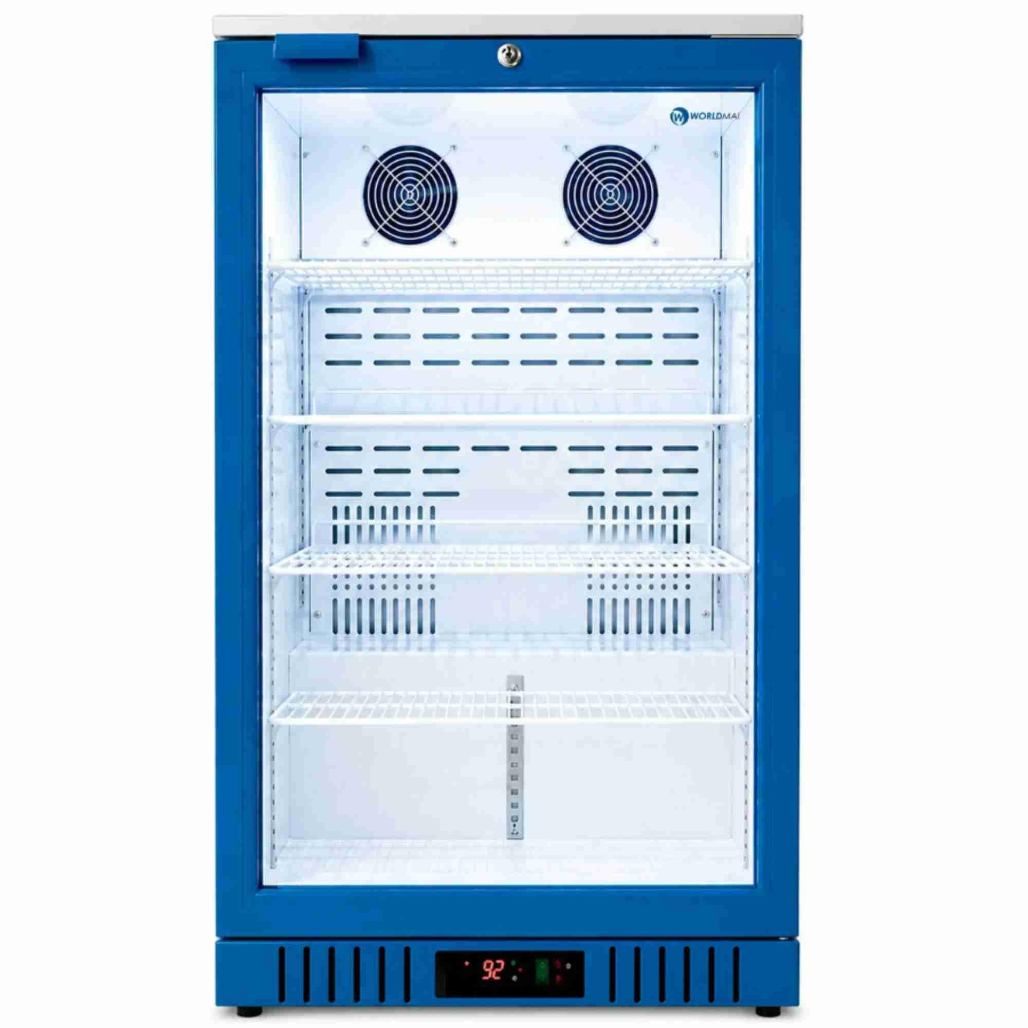 Frigorífico expositor para farmacia con puerta de cristal 133 L y doble ventilación. Armario expositor profesional para medicamentos y productos sanitarios con temperatura uniforme.