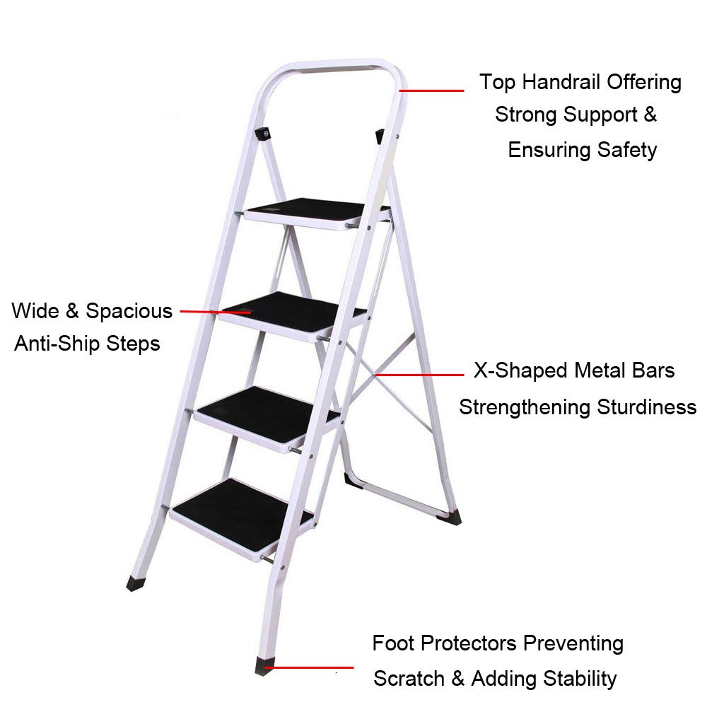 Marchepied Échelle 4 Marches, Multifonctions Escabeau Antidérapante Pliante avec poignée, Capacité de 150 KG, Blanc et Noir