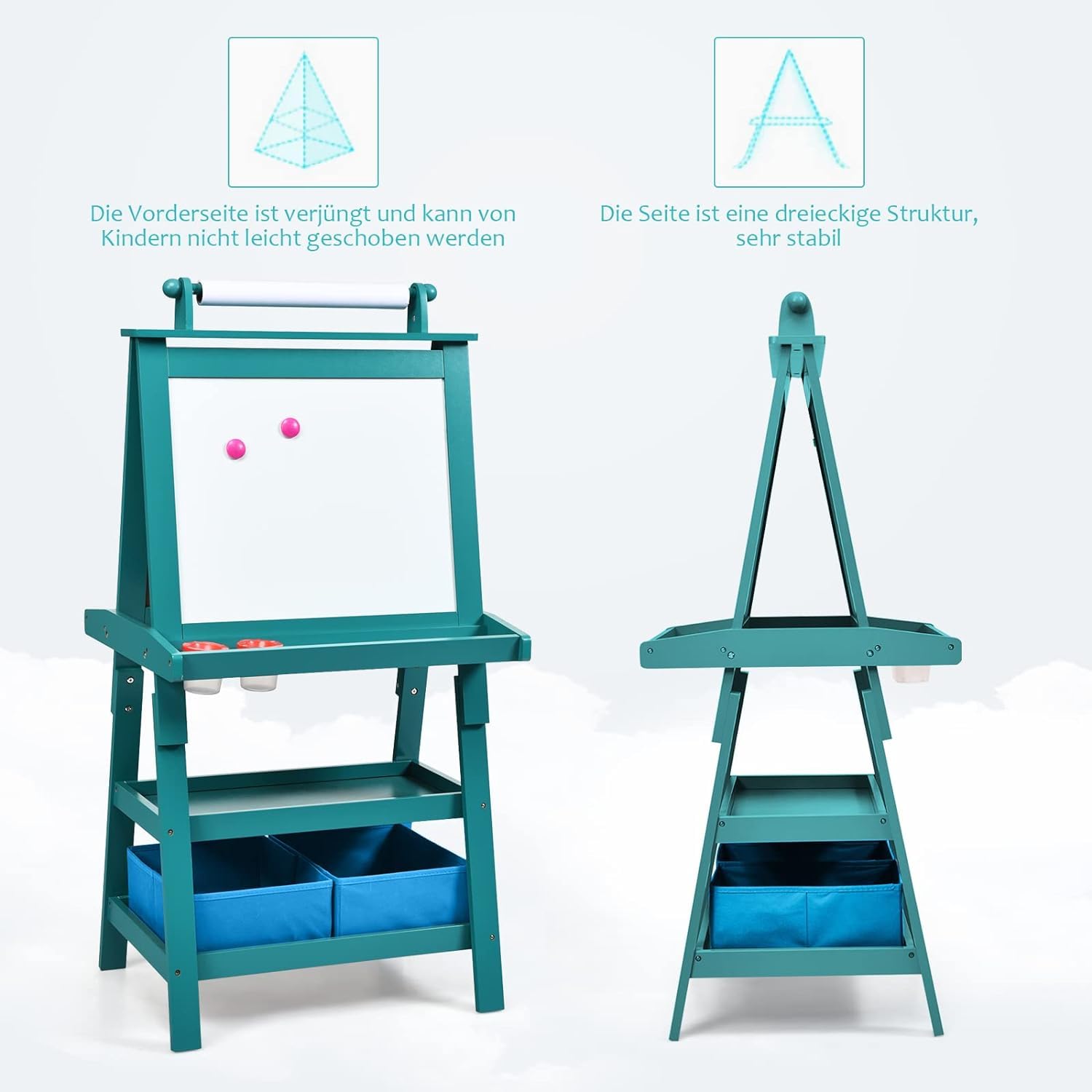 GOPLUS 3 en 1 Pizarra de pie para niños, Pizarra magnética y de tiza, Caballete de doble cara con caja de almacenamiento, para pintar y escribir, para niños Tinta. Papel para colorear e imanes (azul)