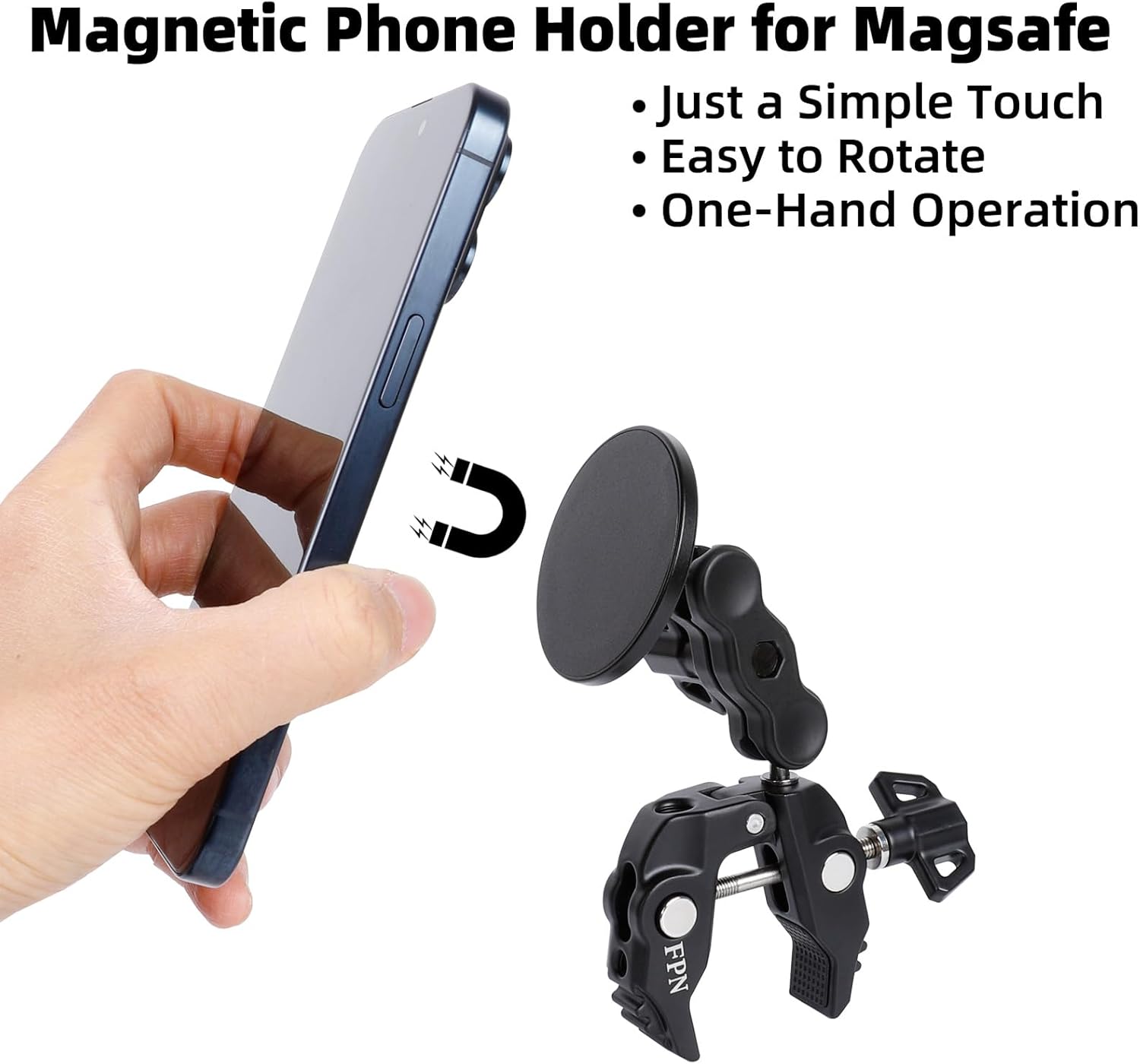 All-Metal Magnetic Phone Holder for Magsafe, Magnet Phone Mount with Super Clamp for Spin Bike/Microphone Stand/Cart/Railing/Handlebar/Dia 0.4-2" Rod, Compatible with iPhone 16 15 14 13 12 Series - Image 4