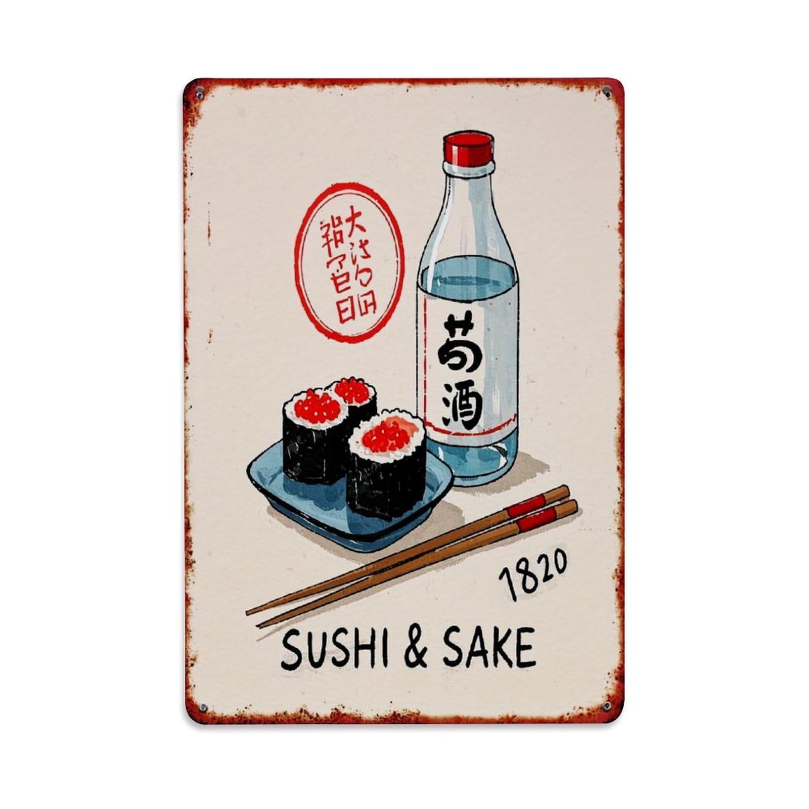 Jdfenggu Vintage Sushi And Sake Bottle Print Retro Metal Tin Sign, Metal Poster For Bar, Home, Man Cave, Kitchen, Laundry Room Art Decor 8X12 Inch