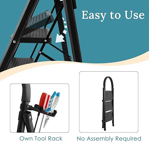 Miniatura 2 de HUXMEYSON Escalera plegable de 3 escalones, capacidad de carga de 330 libras, escalera de 3 escalones con pasamanos, taburetes para adultos con