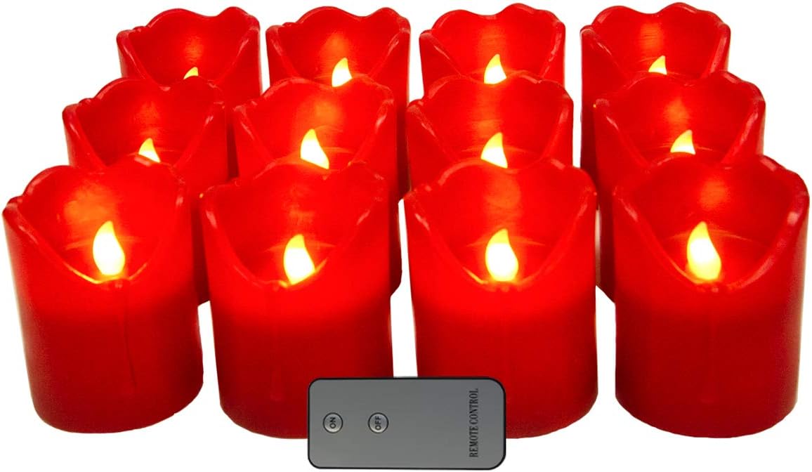 J.E.Penny Red Flameless Candles Battery Operated Candles, Set of 12 (D3 XH 4") Teardrop Real Wax Pillar LED Candles with 2-Key Remote