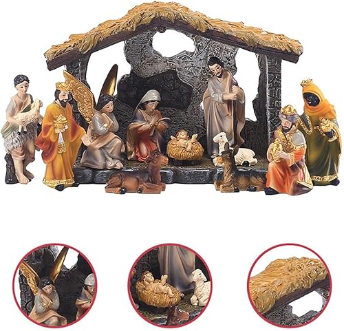 Miniatura 2 de MOOCOCO Conjunto de Figuras de Belén Navideño, Figura de Jesús en el Pesebre, Estatua de Resina Hecha a Mano, Familia Sagrada, 12 Piezas