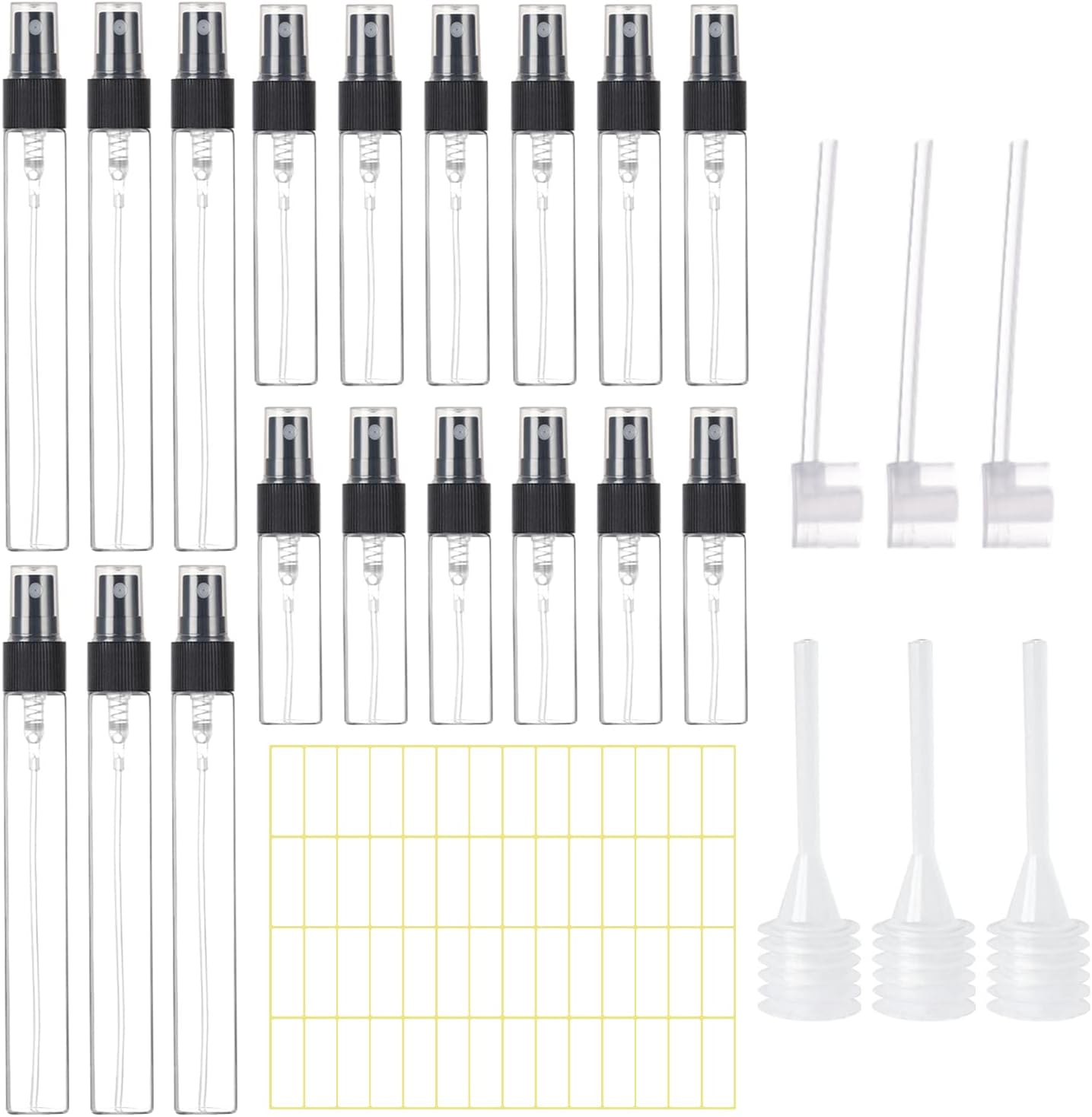 18 botellas de perfume mini de cristal, 3 ml, botella de viaje portátil transparente de 10 ml con 3 unidades de bomba de perfume, 3 pipetas y 56 etiquetas vacías.