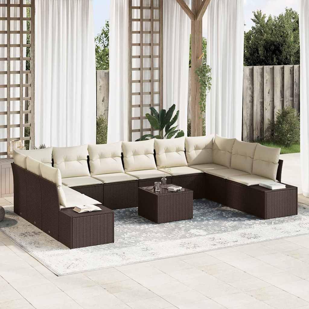 Set Divano da Giardino 10 pcs Marrone e Crema Polyrattan Resistente, Modulare per Esterni, Lounge, Relax, Patio, Veranda, Cortile, Piscina, con Cuscini Rimovibili, Facile da Assemblare