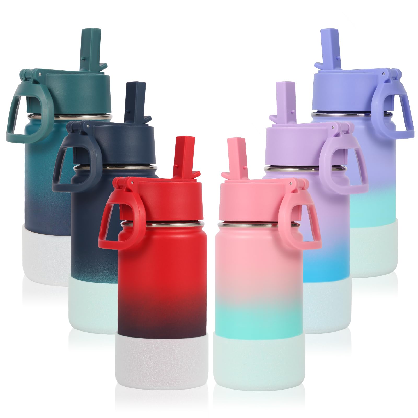 Volhoply 14oz KIds Water Bottle with Straw Lid and Silicone Boot Bulk 6 Pack Stainless Steel Insulated Cups