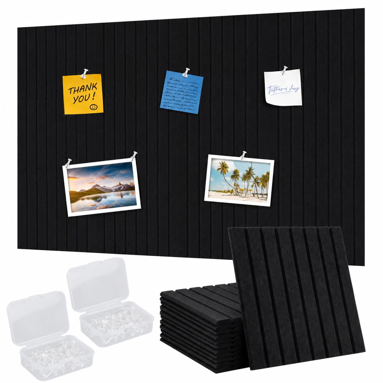 Large Cork Board Alternative-48 x 36" Felt Bulletin Board Tiles with 60 Pushpins & 72 Adhesive, 12-Pack Slat Wall Paneling for Office, Home, Bedroom as Notice Board, Pin Board, or Wall Decor-Black