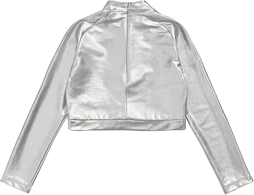 Miniatura 4 de JEATHA Camiseta corta de manga larga con lentejuelas brillantes para niños y niñas, con cuello alto falso, camisetas atléticas de jazz hip-hop para