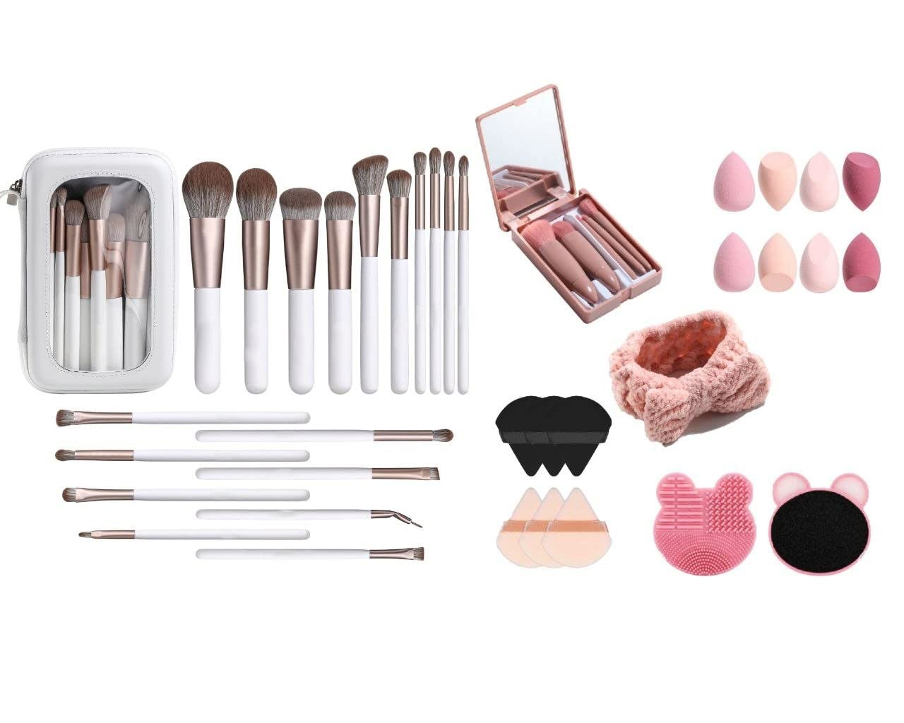 Makeup Tools Set Include 18 Pcs Professional Luxury White Makeup Brushes Set& 5 Pcs Travel Makeup Brushes Kit with Mirror& 8 Beauty Blender& 6 Makeup Buff & Silicone Brush Cleaner& Headband