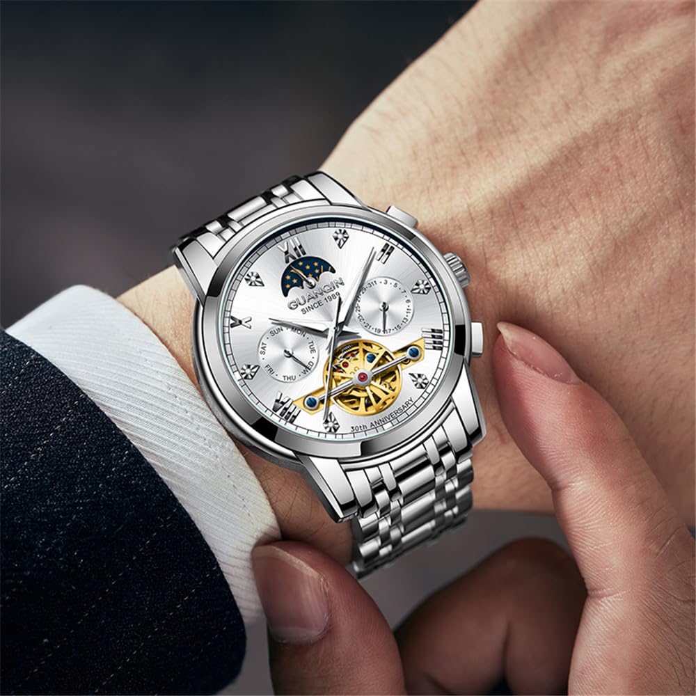 Guanqin Herren Damen Paar Skelett Multifunktional Automatisch Selbstaufzug Mechanische Strass Uhr Saphir Business Doppelseitig Hohl Wasserdicht Mondphase Stahl Armbanduhr
