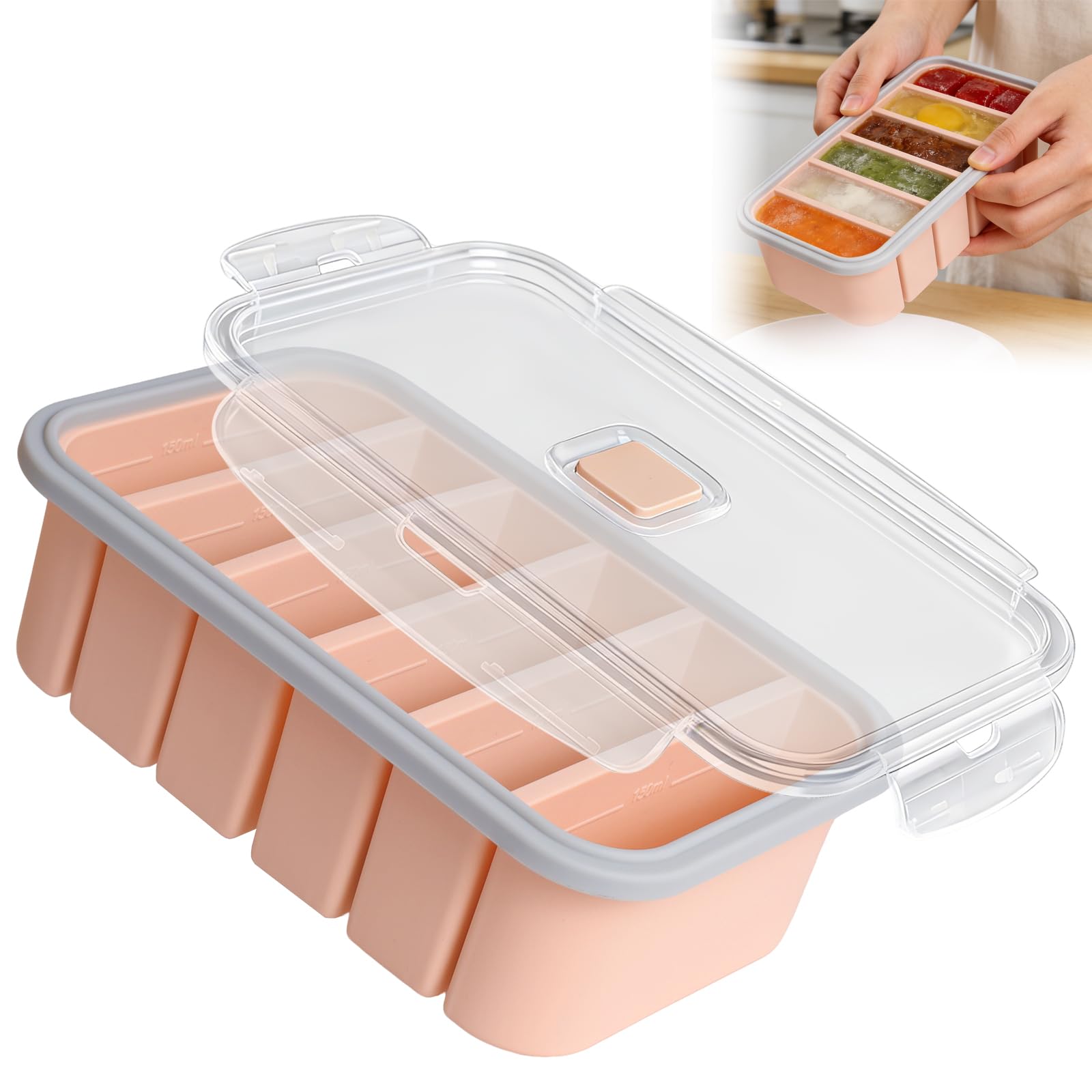 Suppe Einfrieren Behälter, Silikon Gefrierschale mit Deckel, 6 Löcher Suppe, Brühe Eiswürfelform Eiswürfelbehälter, Eiswürfelform zum Aufbewahren und Einfrieren von Suppenresten, Brühe, Soße