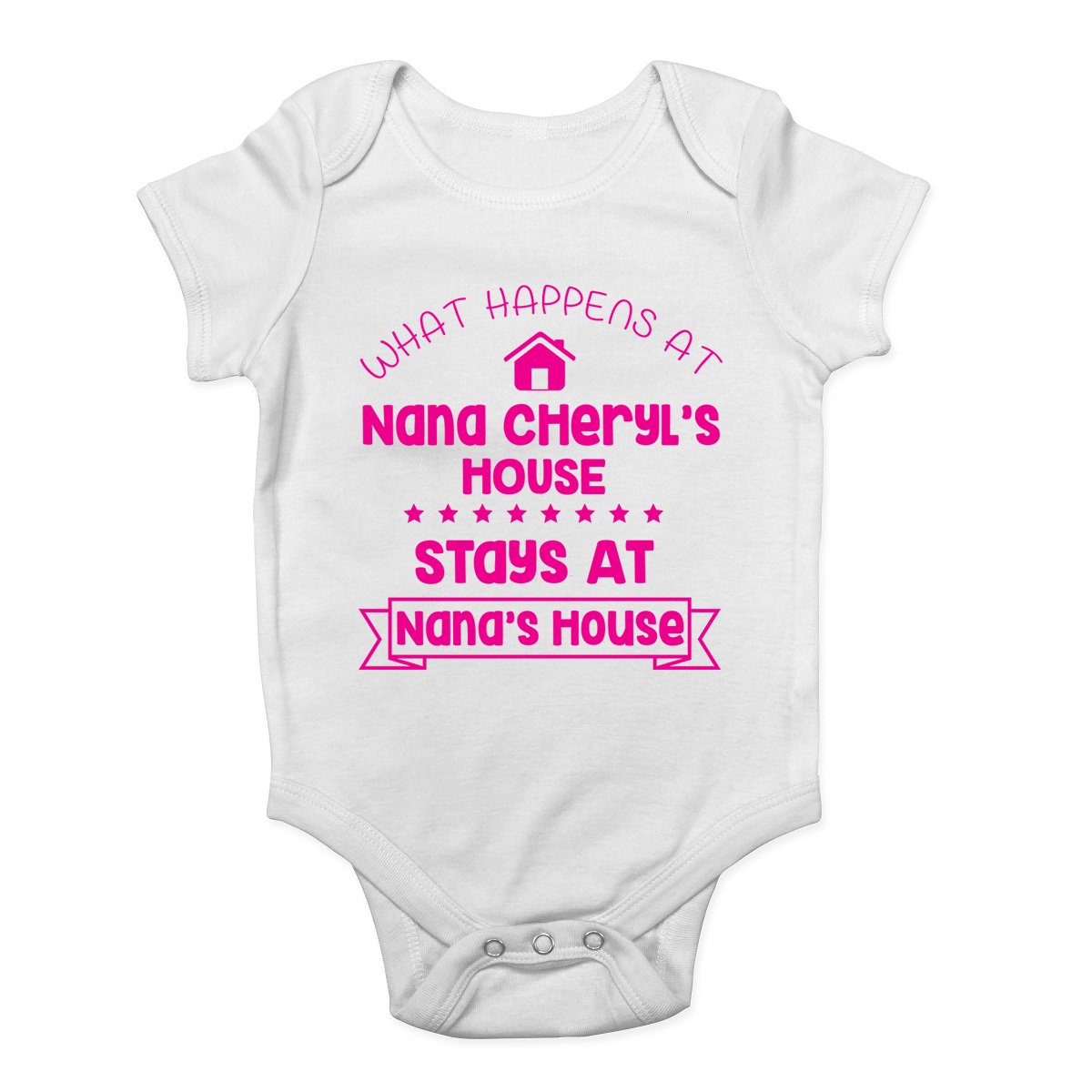 Shopagift Personalised with Any Name What Happens at Nana's House Stays at Nana's House Boys and Girls Baby Vest Bodysuit Pink