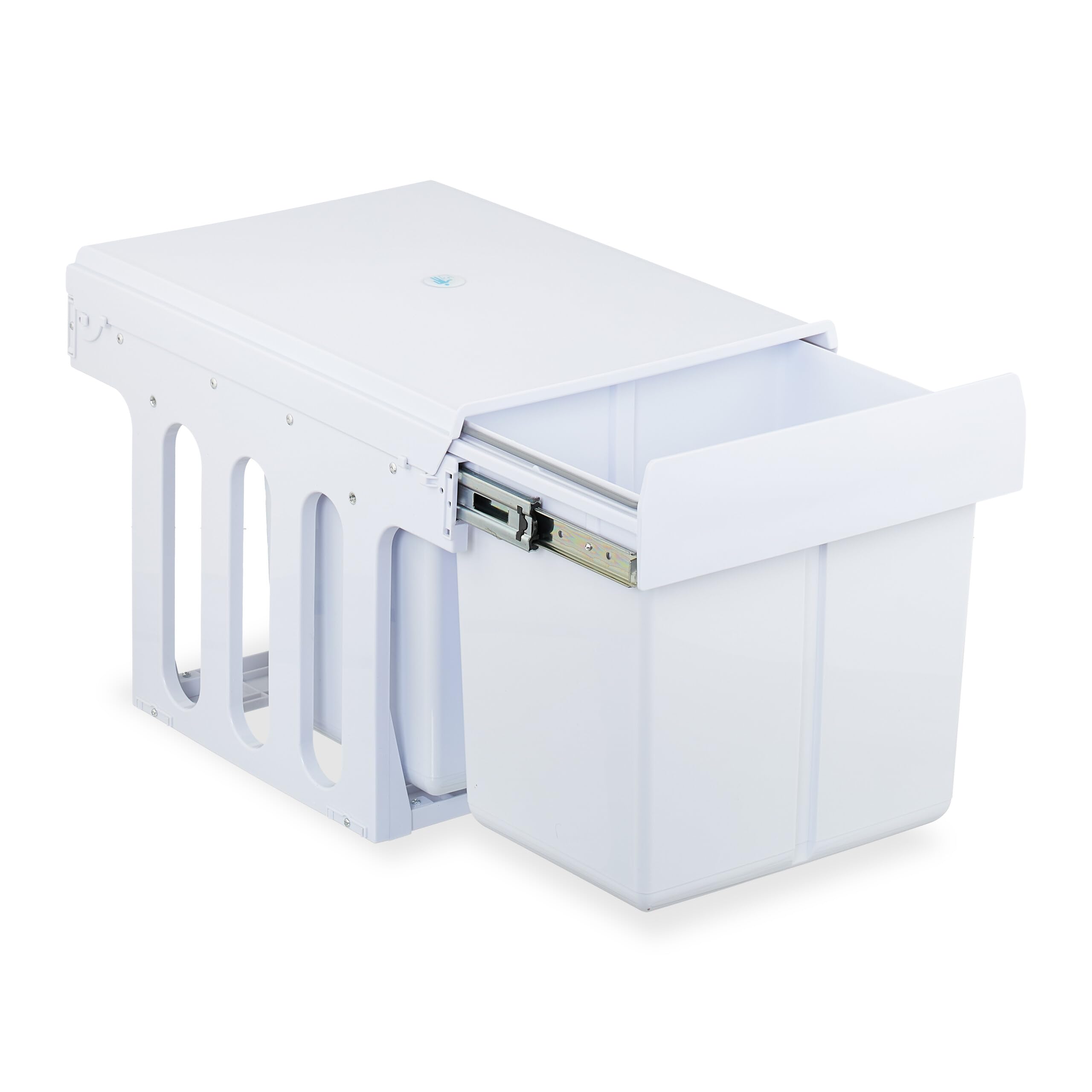Relaxdays Kosz na śmieci do zabudowy, 2 przegródki, 2 x 15 l, wys. x gł.: 35,1 x 34,3 x 48 cm, wysuwany, system segregacji śmieci do szafki dolnej, biały