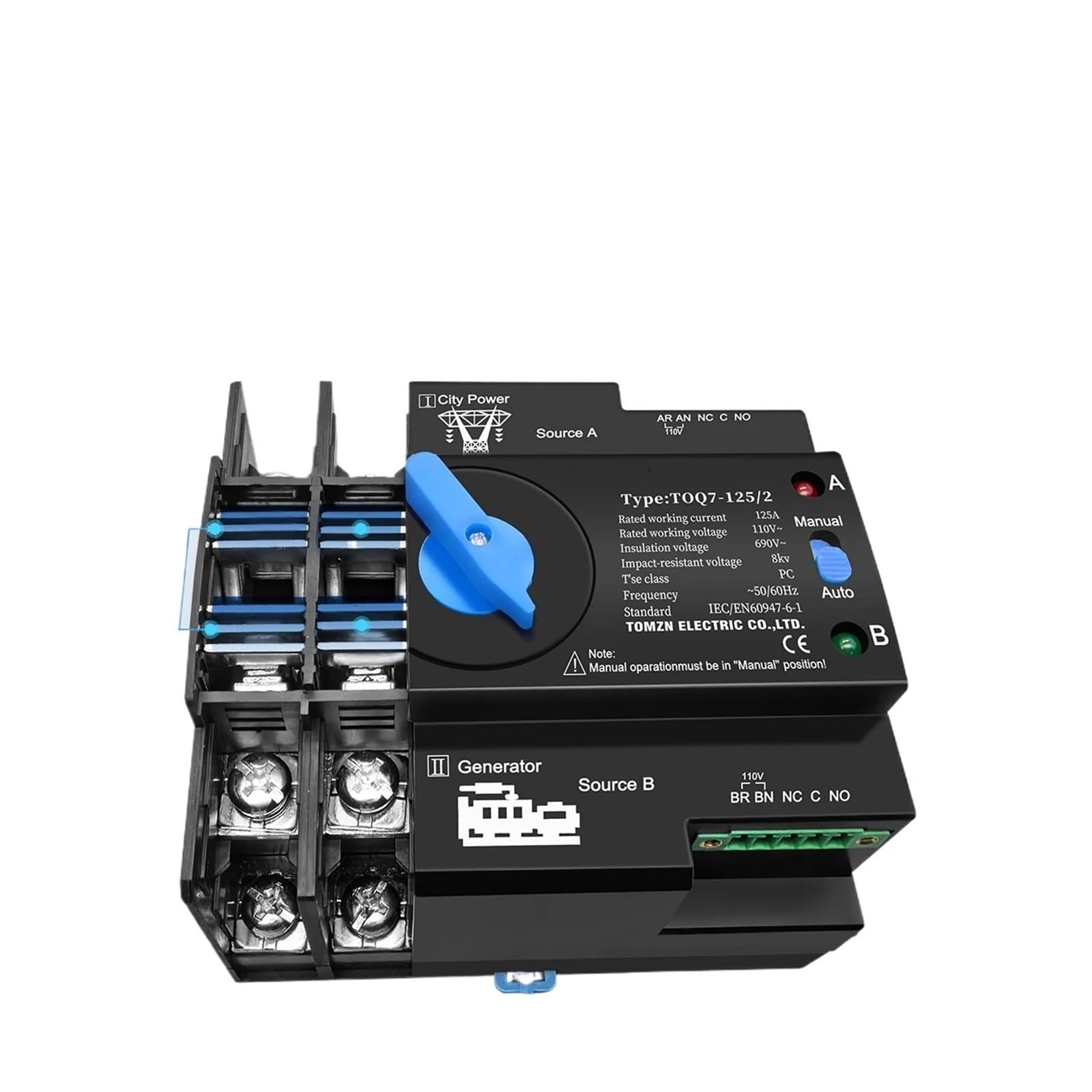 1pc Din Rail ATS L N 110V-120V 63A Dual Power Automatic Transfer Electrical Selector Switch Uninterrupted 2P