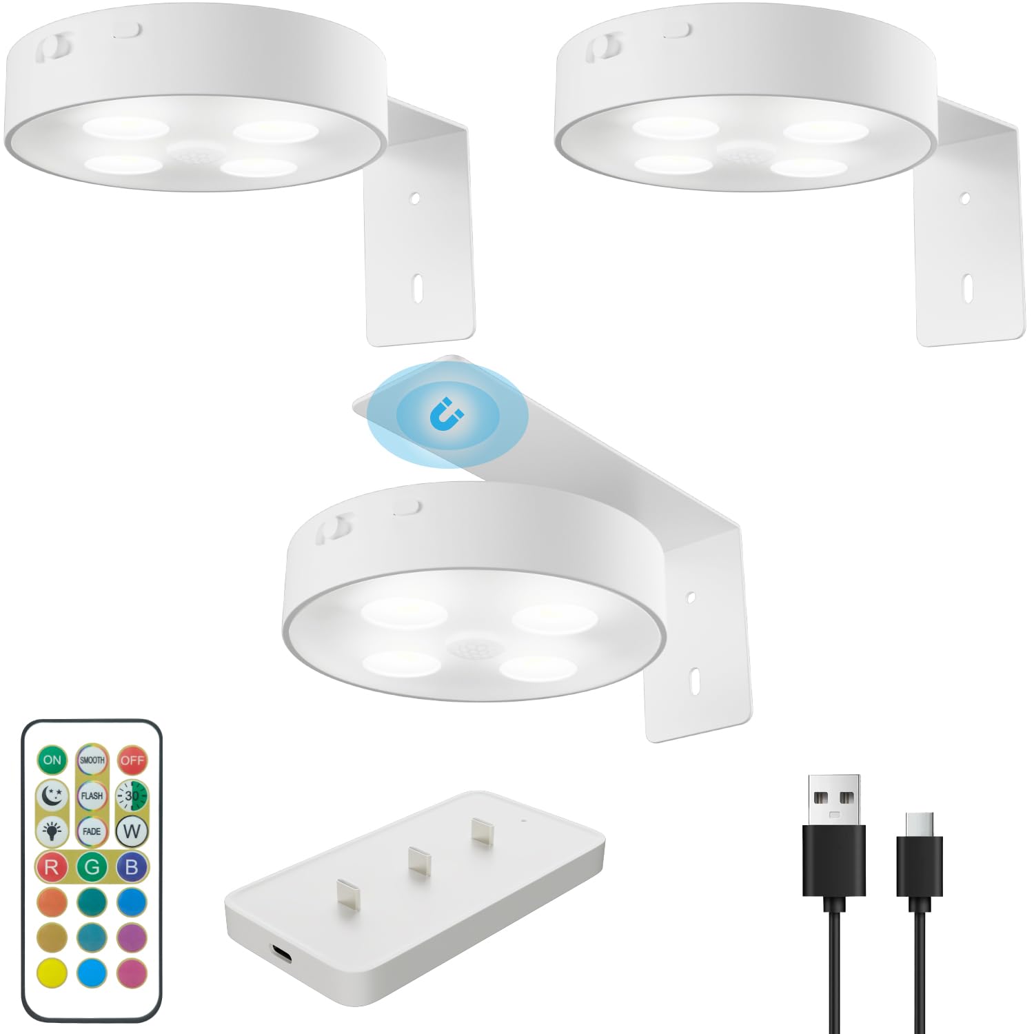 Lampe Tableau Sans Fil Rechargeable, Lot de 3 Appliques LED avec Télécommande, Éclairage Tableau 12 Couleurs, Spot à Piles USB pour Peintures, Cadres, Décorations Murales et Vitrines