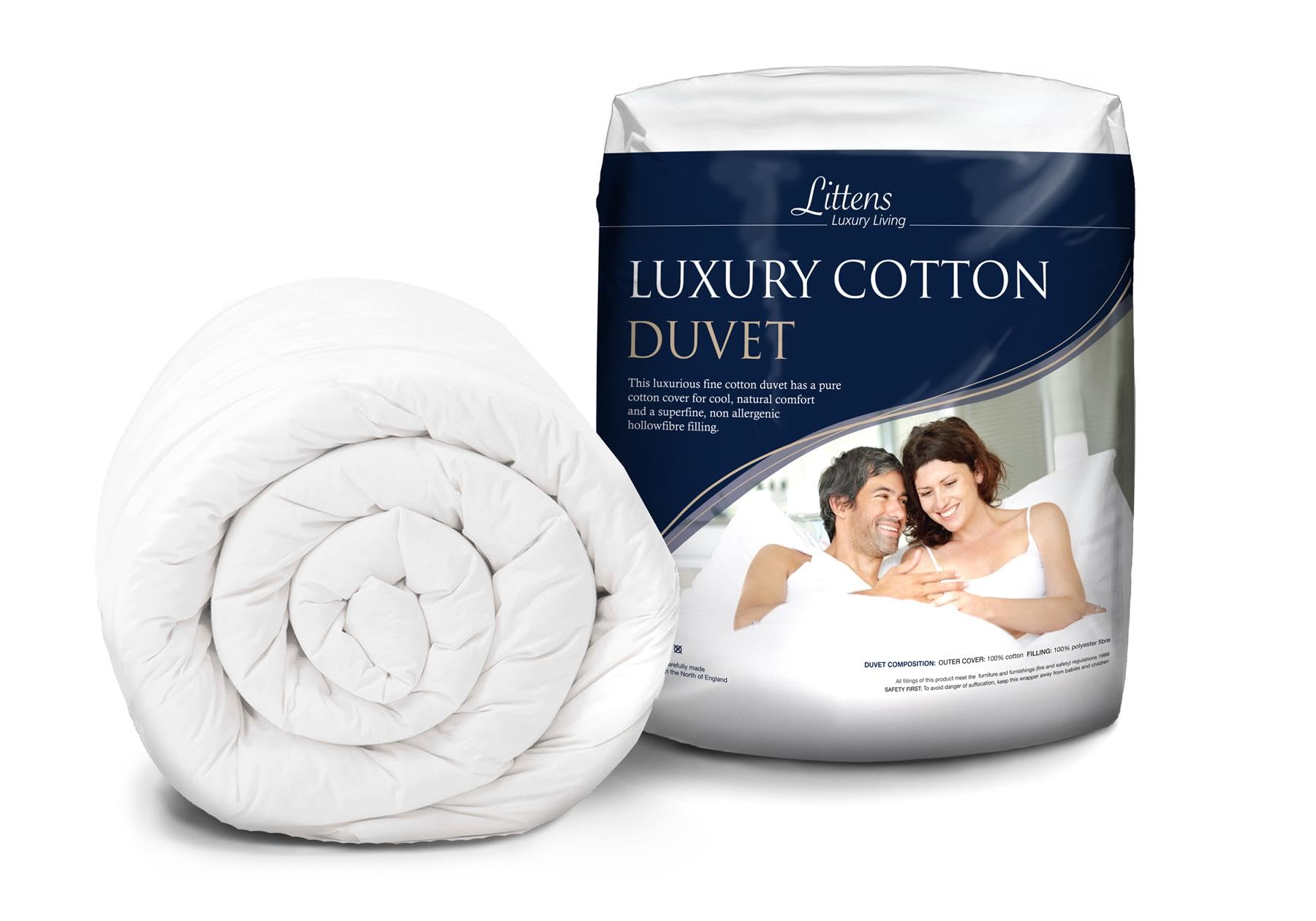 Littens 4.5 Tog Double Bed Luxury Cotton Duvet Quilt, Ultra Light, Hollowfibre, Energy Efficient, Soft Touch, Breathable, Spring & Summer Made In UK (200cm x 200cm)