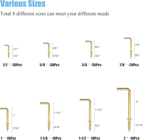 Miniatura 4 de Kit de 150 ganchos cuadrados de metal chapado en latón chapado en latón de 8 tamaños, ganchos cuadrados para tornillos autorroscantes, marco de