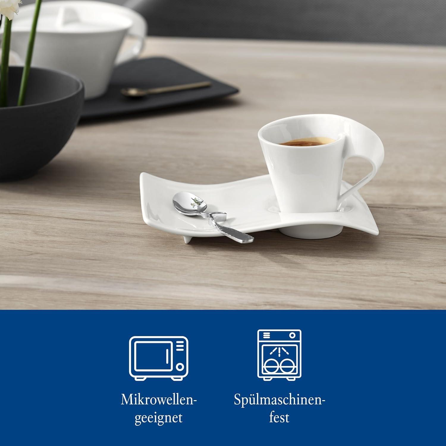 Villeroy & Boch - Newwave Caffè Cappuccino Tassen Set, Spülmaschinenfest, Mikrowellensicher, Cappuccinotassen, Kaffee Geschirr Set, Tasse, Untertasse, Löffel, Premium Porzellan, Edelstahl