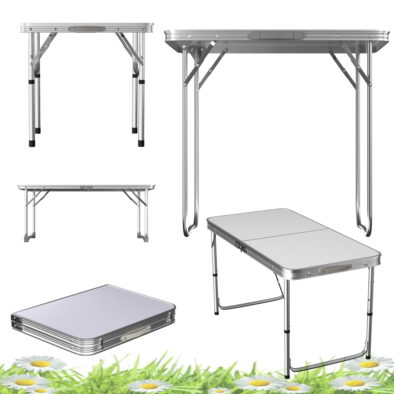 VickyHome 90cm Height Adjustable Table Camping Tables that Fold Up, Picnic Tables BBQ Tables for Outside, Fold in Half Designed, 2 Height