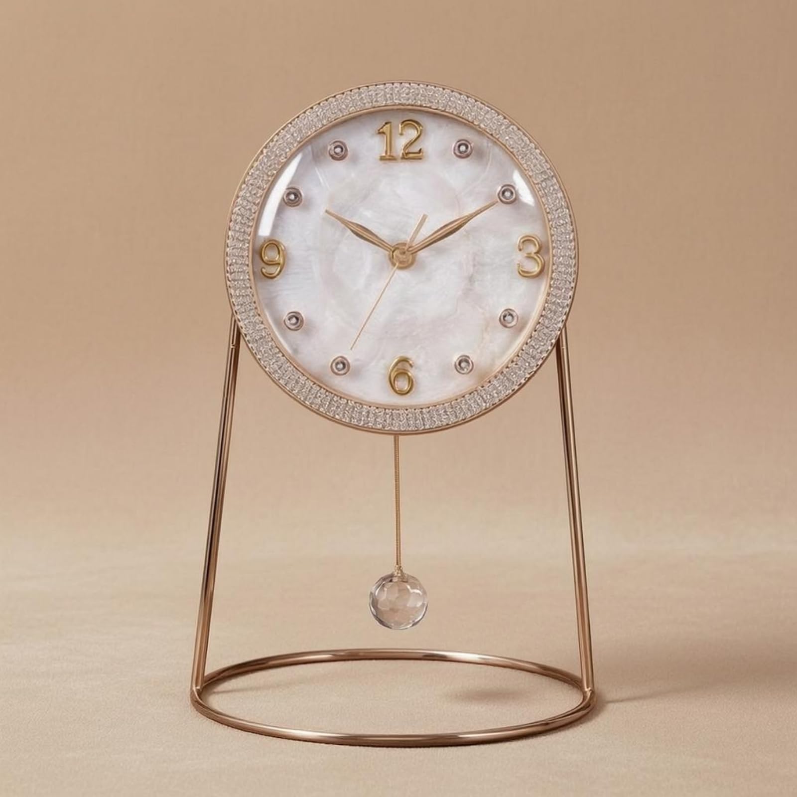 Baoblaze Reloj de Escritorio Reloj de Mesa Reloj Decorativo Reloj Analógico con de Cristal Construcción Metálica y Borde Resplandeciente Movimiento Silencioso, Reloj De Mesa Redondo