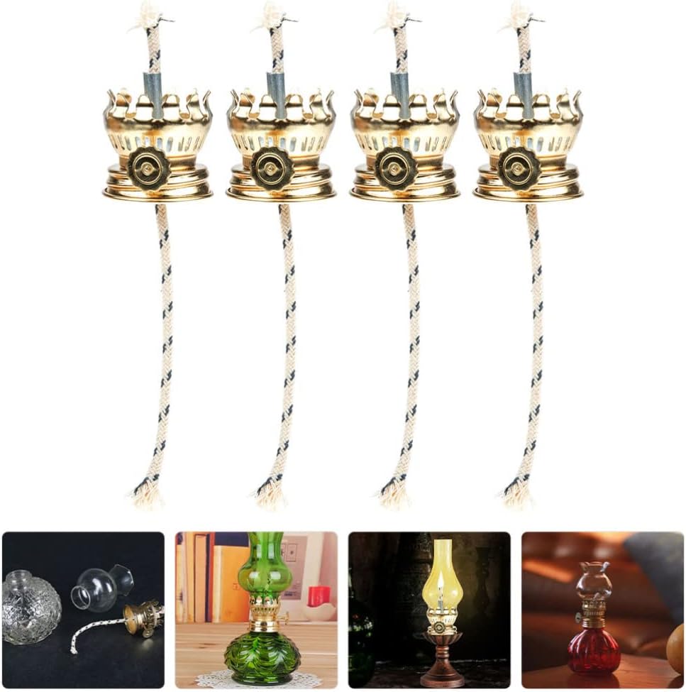 Yardwe 4pcs Oil Lamp Burner Wick Kerosene Oil Lamp Parts Brass Plated Chimney Holder Replacement Burner with Threaded Base for Antique Lamps