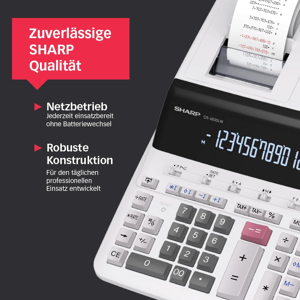 Sharp CS-2635LW Druckender Tischrechner, 12-stellig, LCD Display, Tax & Währungsumrechnung, schwarz/rot Druck, Heavy-Duty-Druckwerk, Netzanschluss