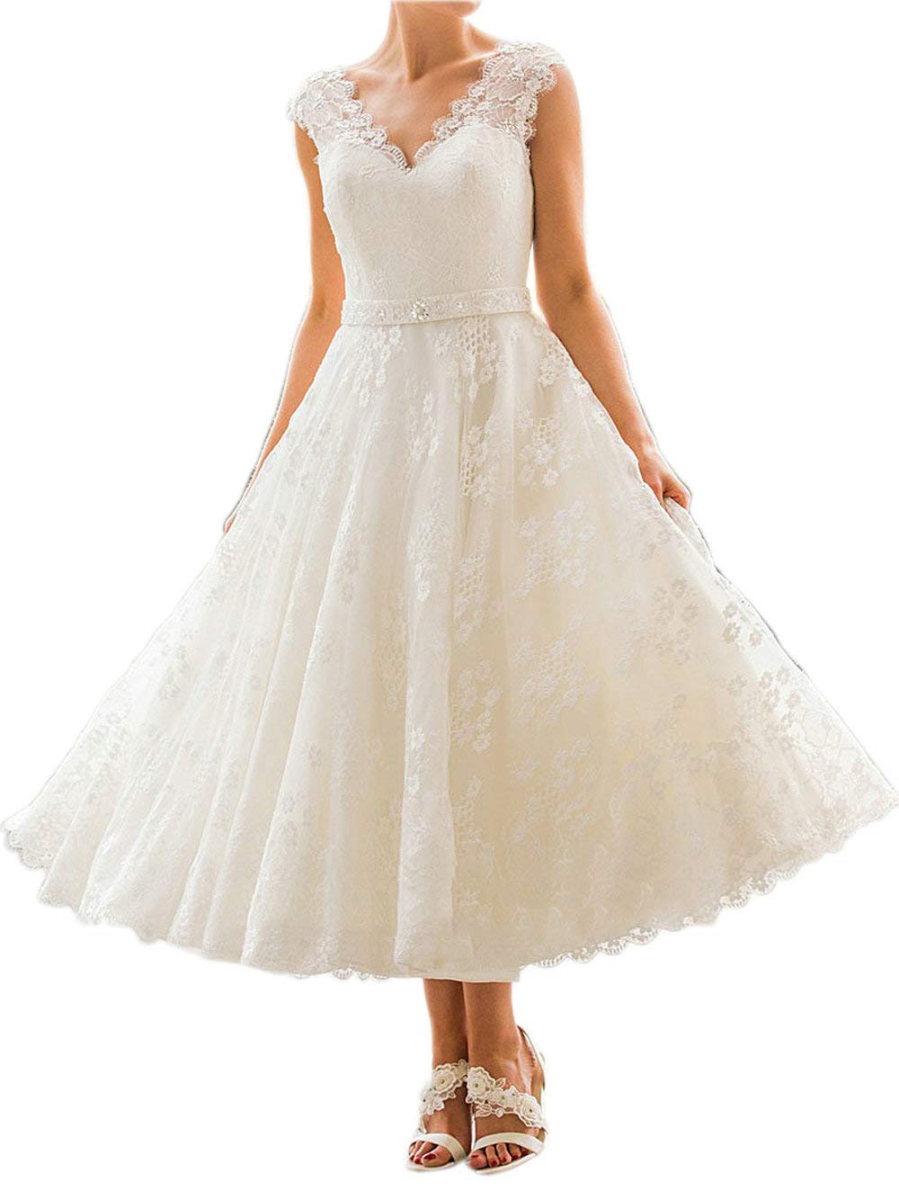 RONGLONG Abito da Sposa Principessa Moda da Sposa Pizzo Lunghezza del Polpaccio, Bianco Avorio, 32