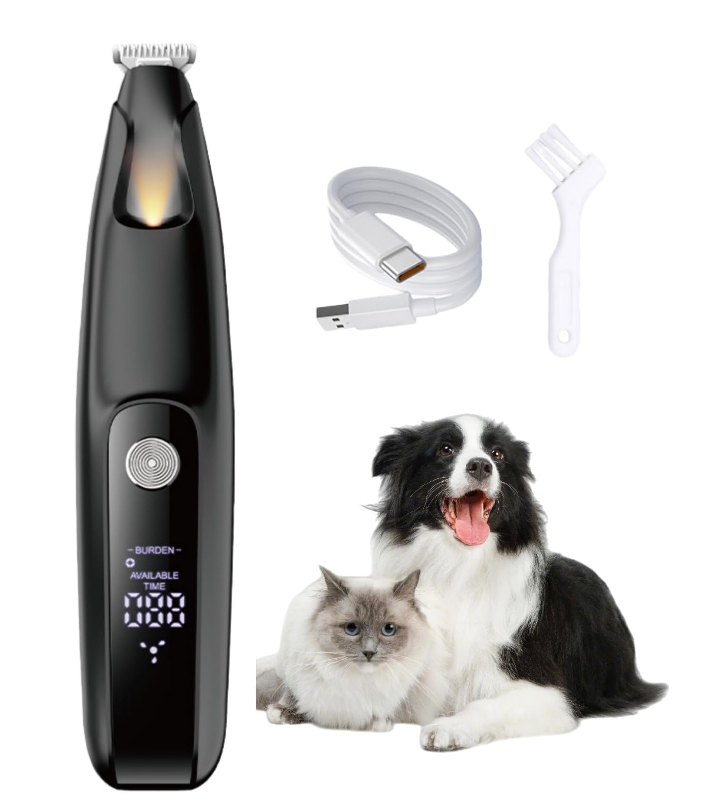 Rasoio per zampe di cane a bassissimo rumore, lama larga 18 mm con luce LED, ricaricabile tramite USB, con display a LED, per cani e gatti, nero