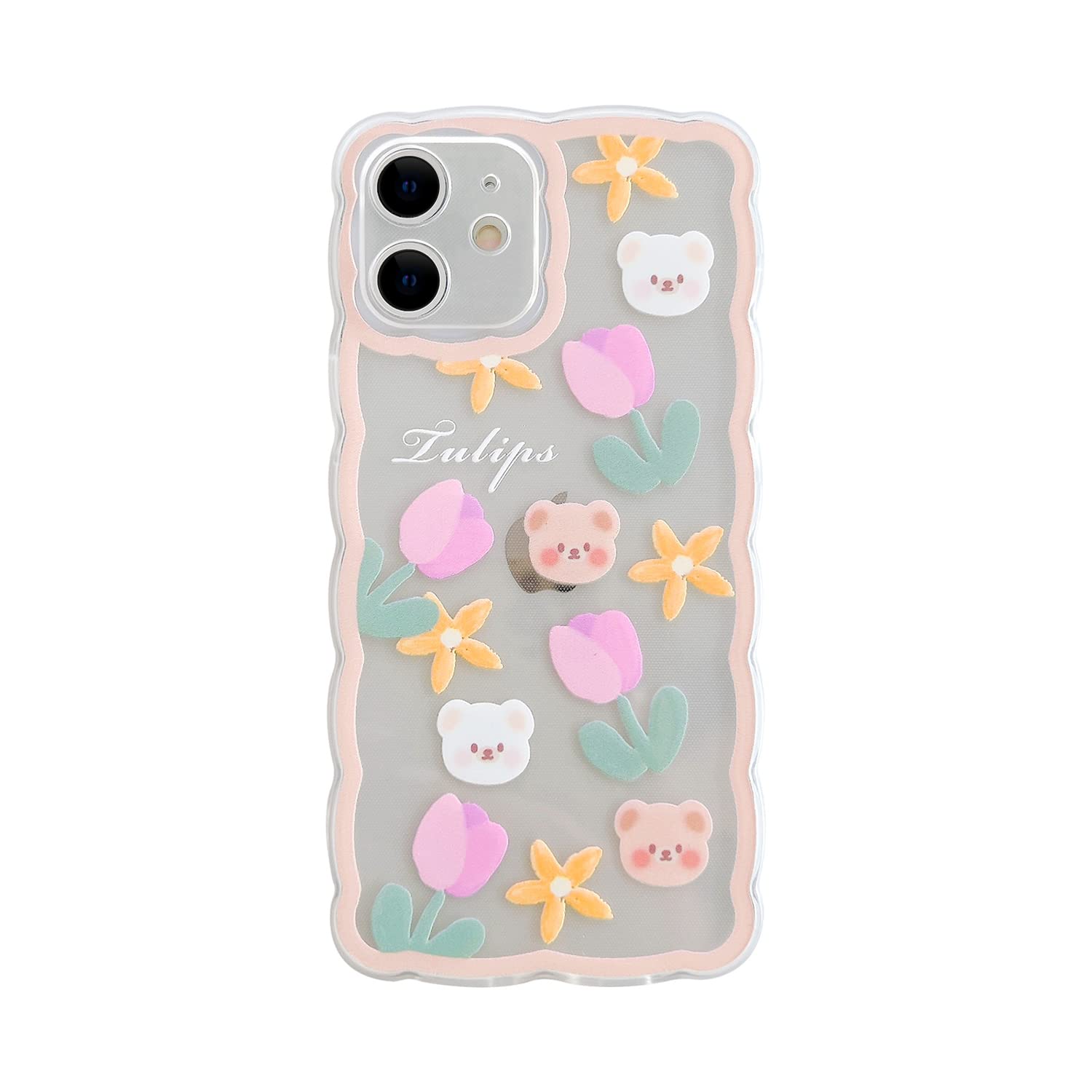 Ownest Compatible with iPhone 11 Case Transparent Cute Floral Bear Pattern Lace Lens Protection Design for Women Girls Fashion Slim Soft Flexible TPU Rubber for iPhone 11-Tulip