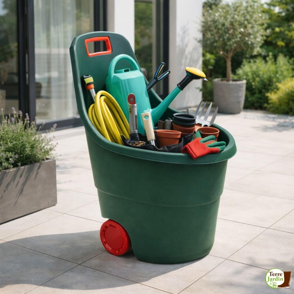 TERRE JARDIN Chariot de Jardin 45 L en Plastique - Brouette de Jardin 2 Roues Maniable avec Poignée - Chariot à roulettes pour Bois de Chauffage, Déchets Verts et Entretien Extérieur