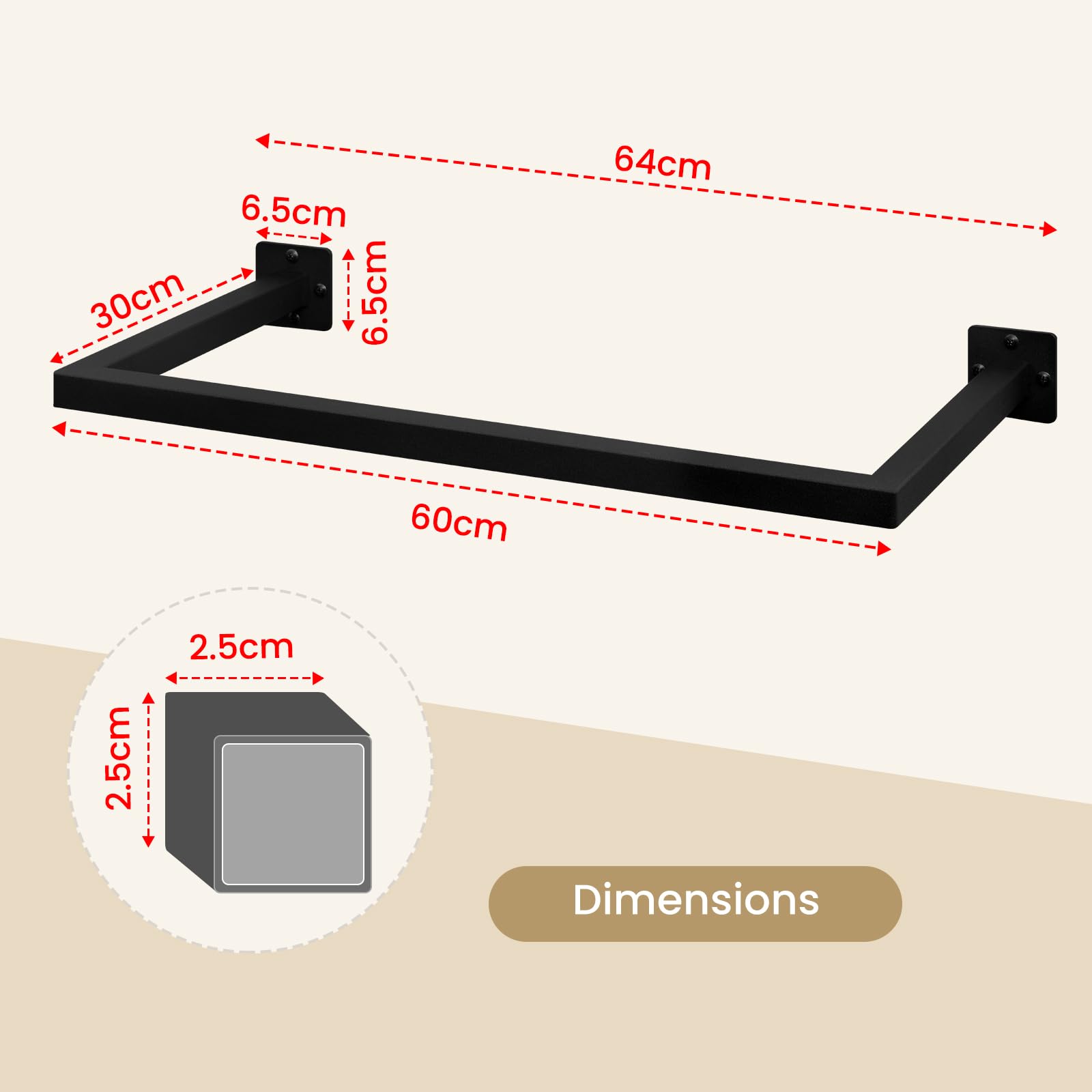 eSituro Percheros de Pared, Set de 2 Barras Colgar Ropa, Rieles de Pared Rectángulo, Barra Perchero Industrial, para Pasillo Cocina Salón Baño, Tubo Resistente, 64x6,5x30 cm, Negro