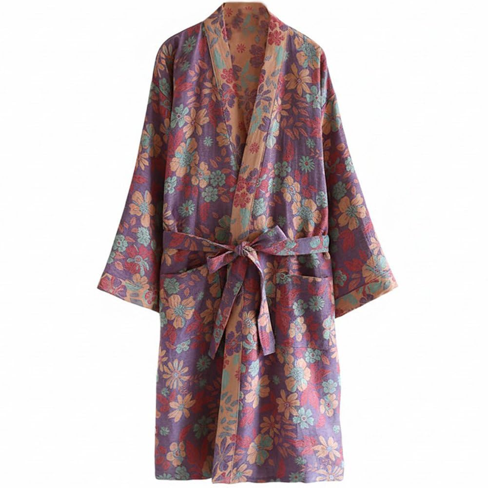Baokuan Women Cotton Gauze Robes Jacquard Japanese Yukata Muslin Kimono Robe Bathrobe Loungewear Sleepwear