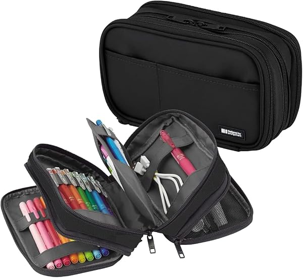 LIHIT LAB Large Capacity Triple Zipper Pencil Case For School Office College, Big Capacity 8 Compartments Pencil Bag Holder Adults Teen Boys Girls, Travel Cosmetics Storage, Jet Black (A7556-124) by LIHIT LAB - Used condition - Image 2