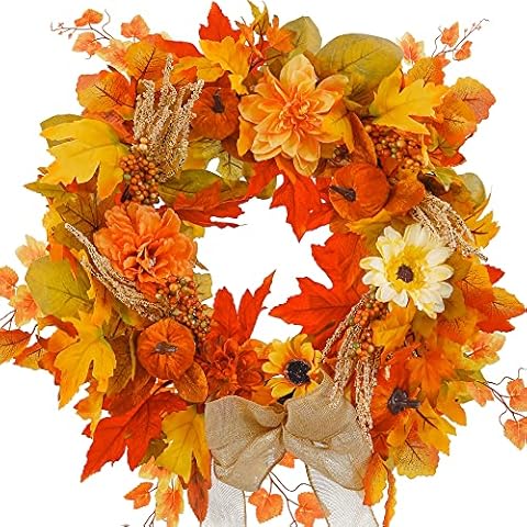 MiSSPIN 22 Inch Fall Door Wreath Berry Pumpkin Wreath Autumn Wreath Fall Leaf Flower Harvest Wreath for Front Door Thanksgiving Halloween Fall Decorations Home Decor Cover