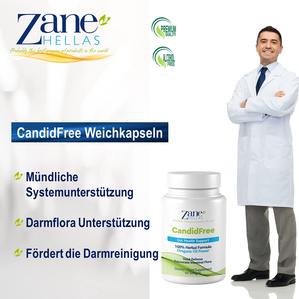 Zane Hellas Candidfree Softgels. Oregano-Öl-Power. Candida-Unterstützung. Unterstützung der Darmgesundheit. Unterstützung der Darmflora. 100% pflanzliche Lösung. 60 Kapseln.