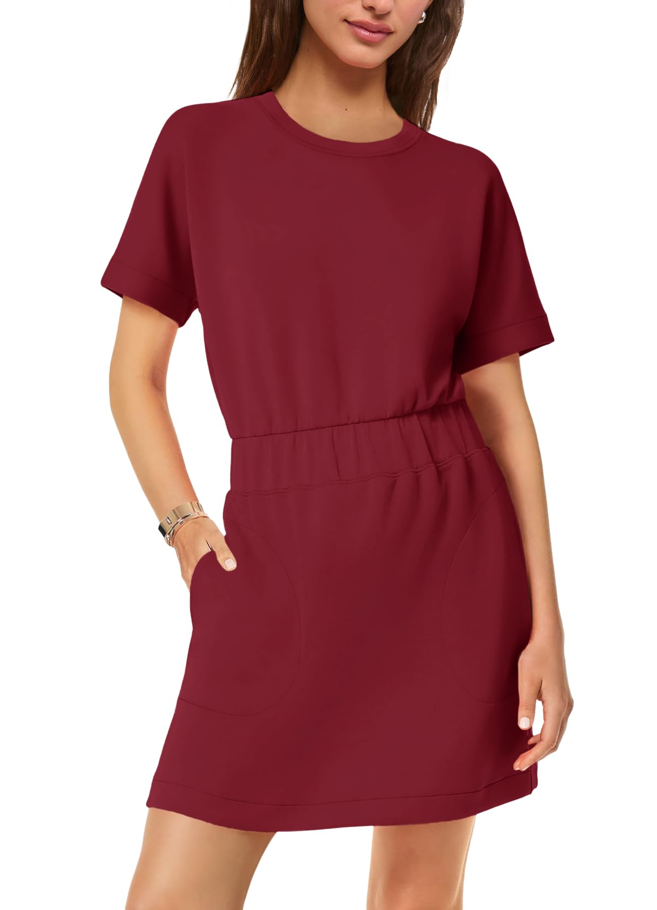 SENSERISE Womens Short Sleeve T Shirt Dresses Crew Neck Solid Color Basic Smocked Waist Dress with Pockets