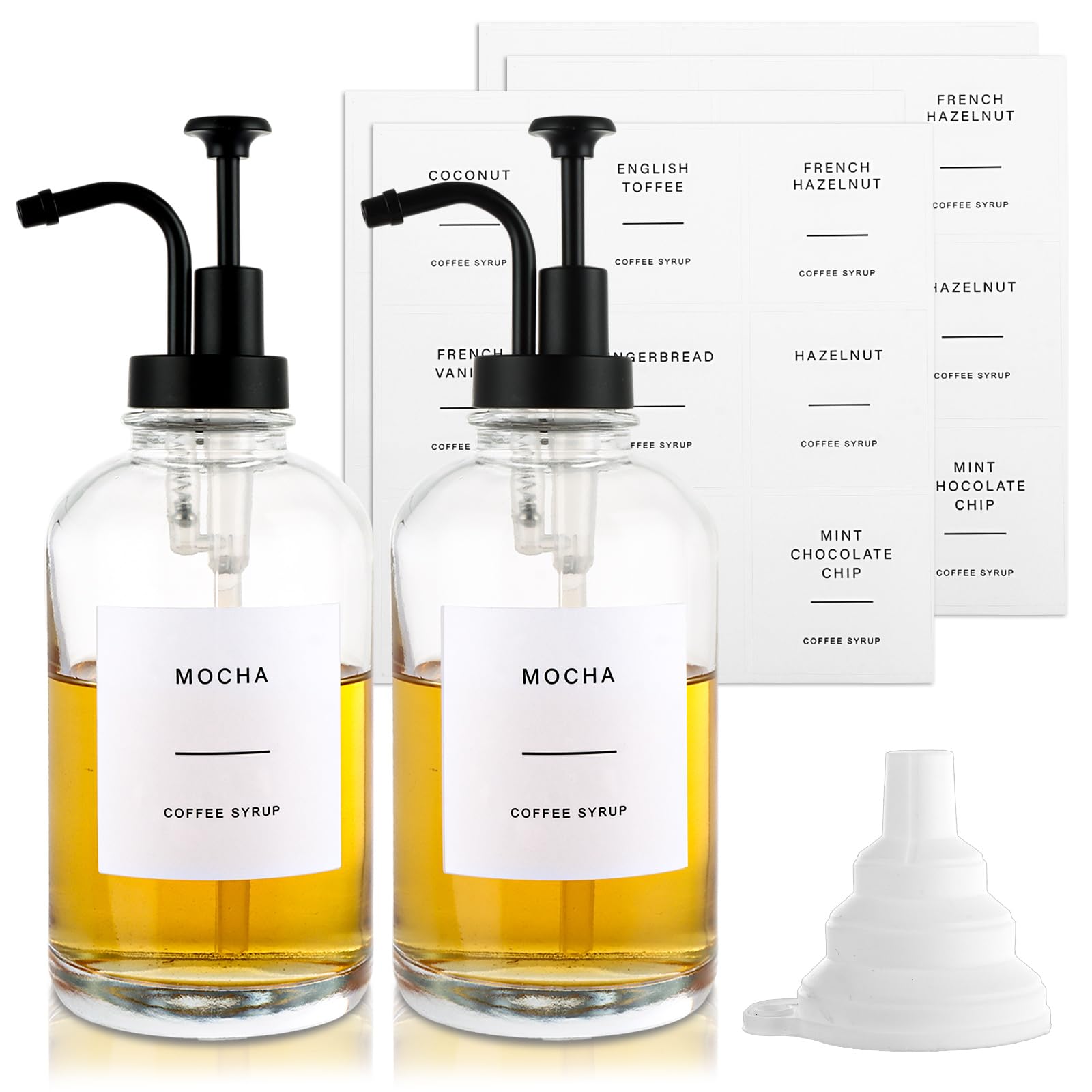 Aselected 2PCS Coffee Syrup Dispenser 500ML Syrup Dispenser Glass Syrup Bottle with 4 sheets of 36 Waterproof Labels and Funnel,Pump