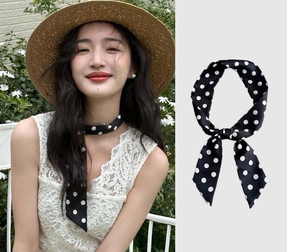 Silky Polka Dot Scarf, Long Narrow Neck Accessory, Handbag Handle Ribbon, Hair Band, Fashion Scarf2