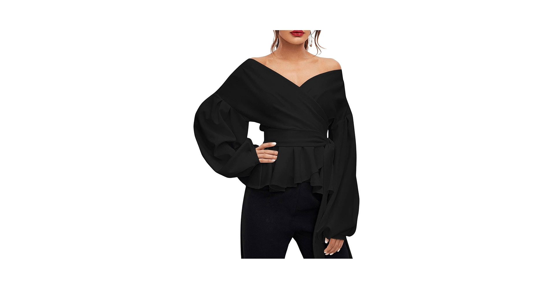 OYOANGLE Women's Off Shoulder Wrap V Neck Bishop Long Sleeve